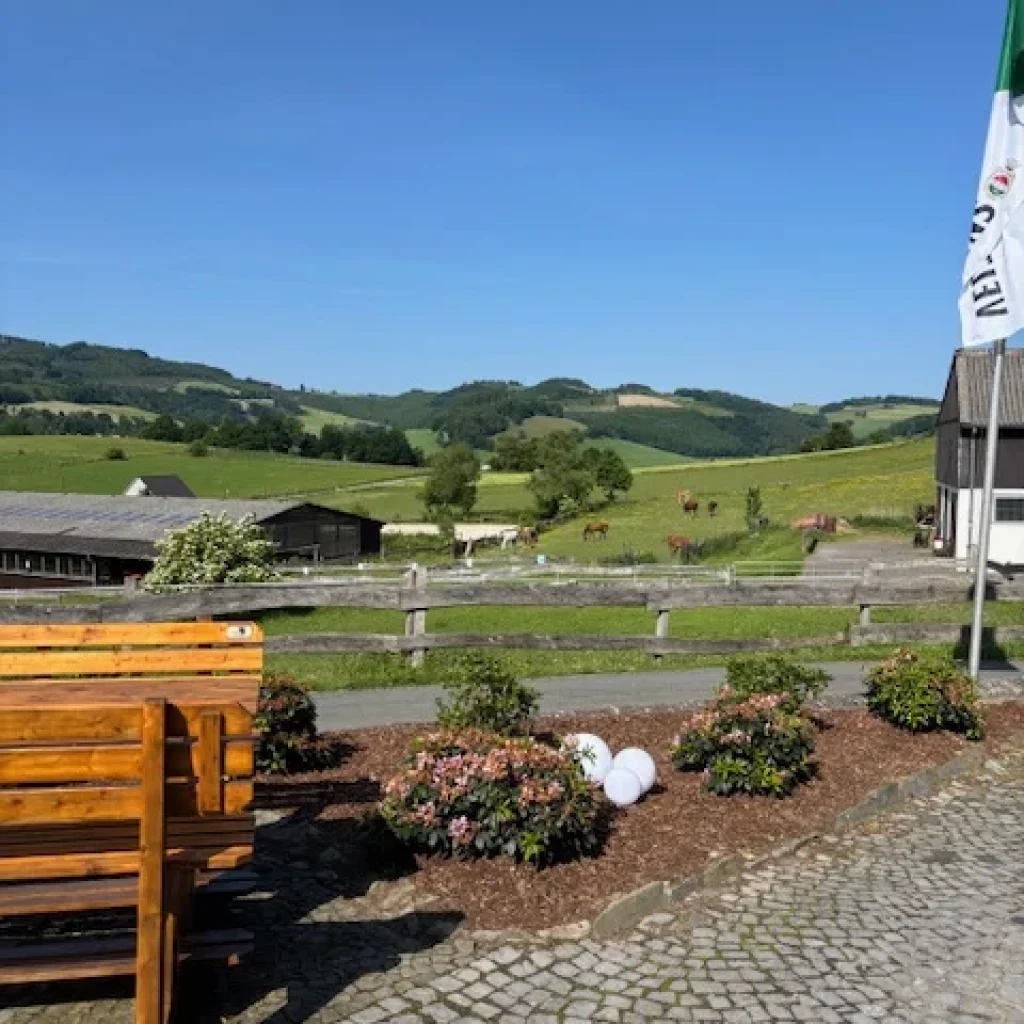 Blick auf eine ländliche Landschaft mit Pferden und einem Bauernhof im Hintergrund.